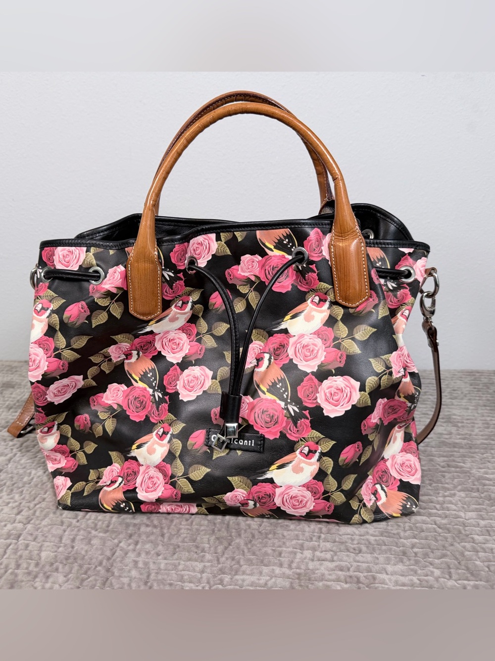 CAVALCANTI Italian Leather Pink Red Bird &‎ Rose Print Drawstring Bucket Bag